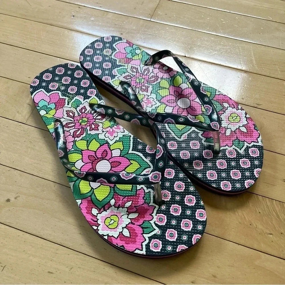 Vera Bradley Multicolor Blue Floral Flip Flops Thong Sandals Large Sz 9-10 - Picture 1 of 8